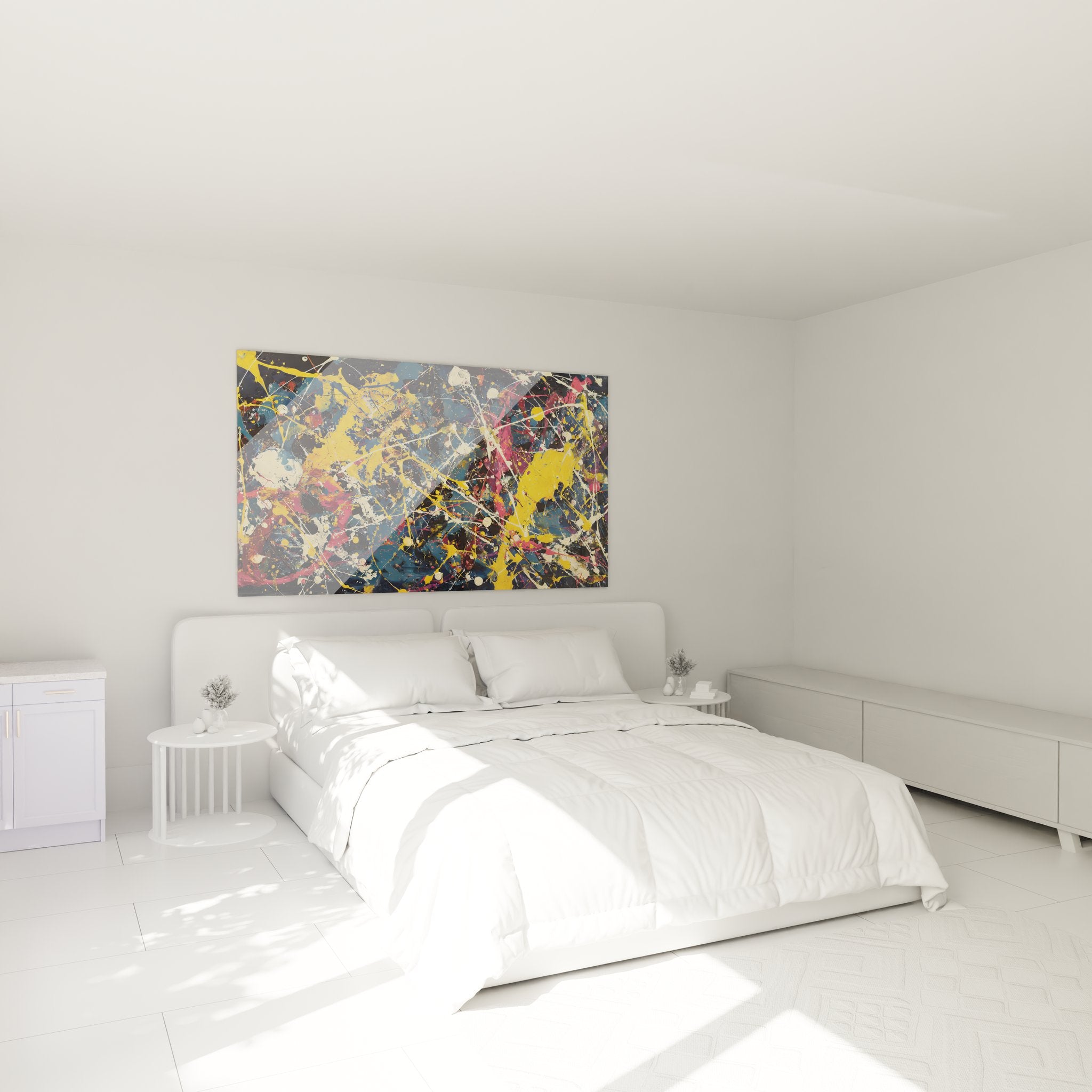 Tableau abstrait explosion couleurs installé dans chambre moderne décoration murale contemporaine