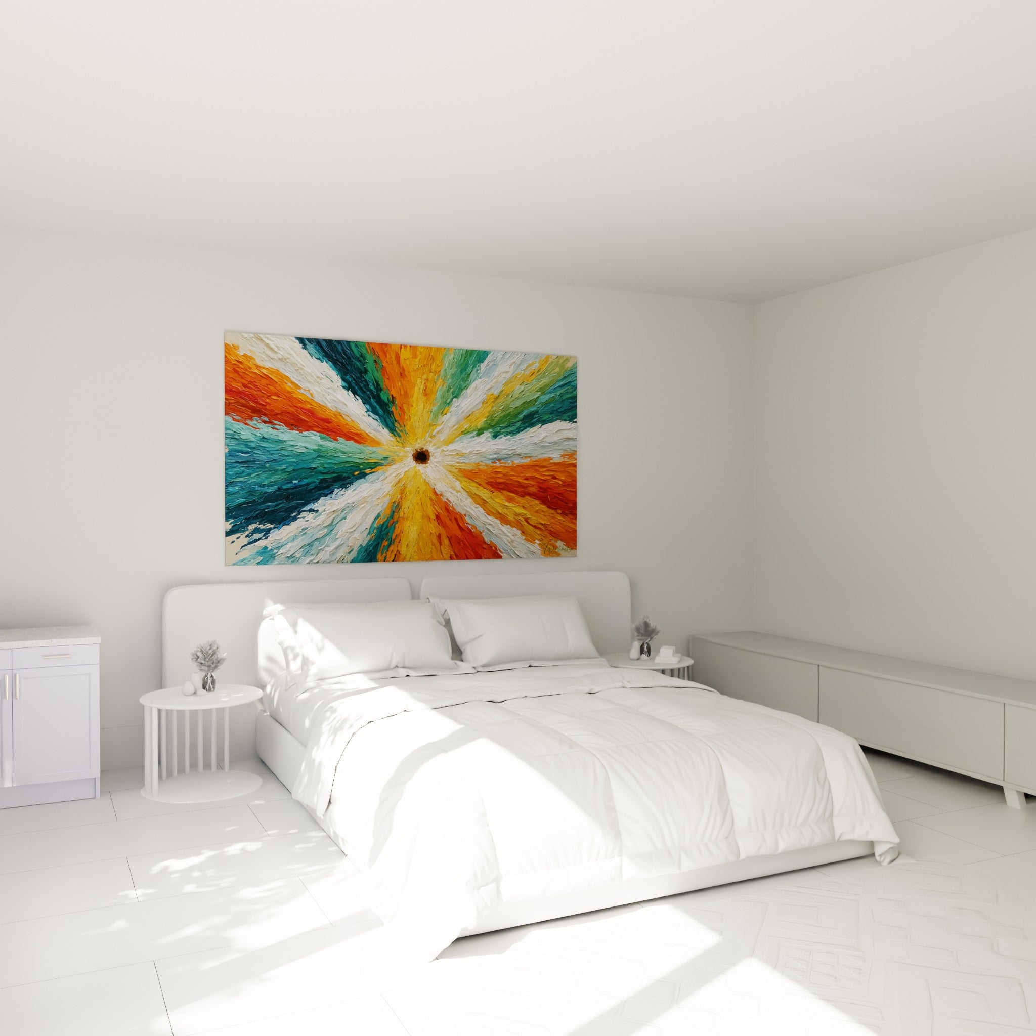 Explosion colorée orange et sarcelle aux textures au couteau, accrochée au-dessus d'un lit dans une chambre claire
