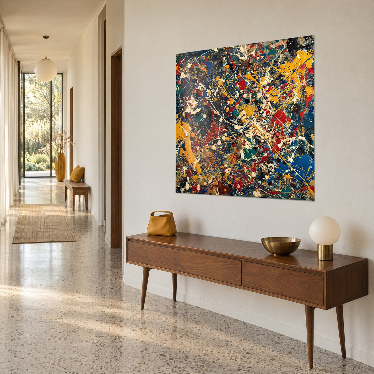 Wall art abstract with golden and white paint drops on deep blue, three-quarter view above a wooden console