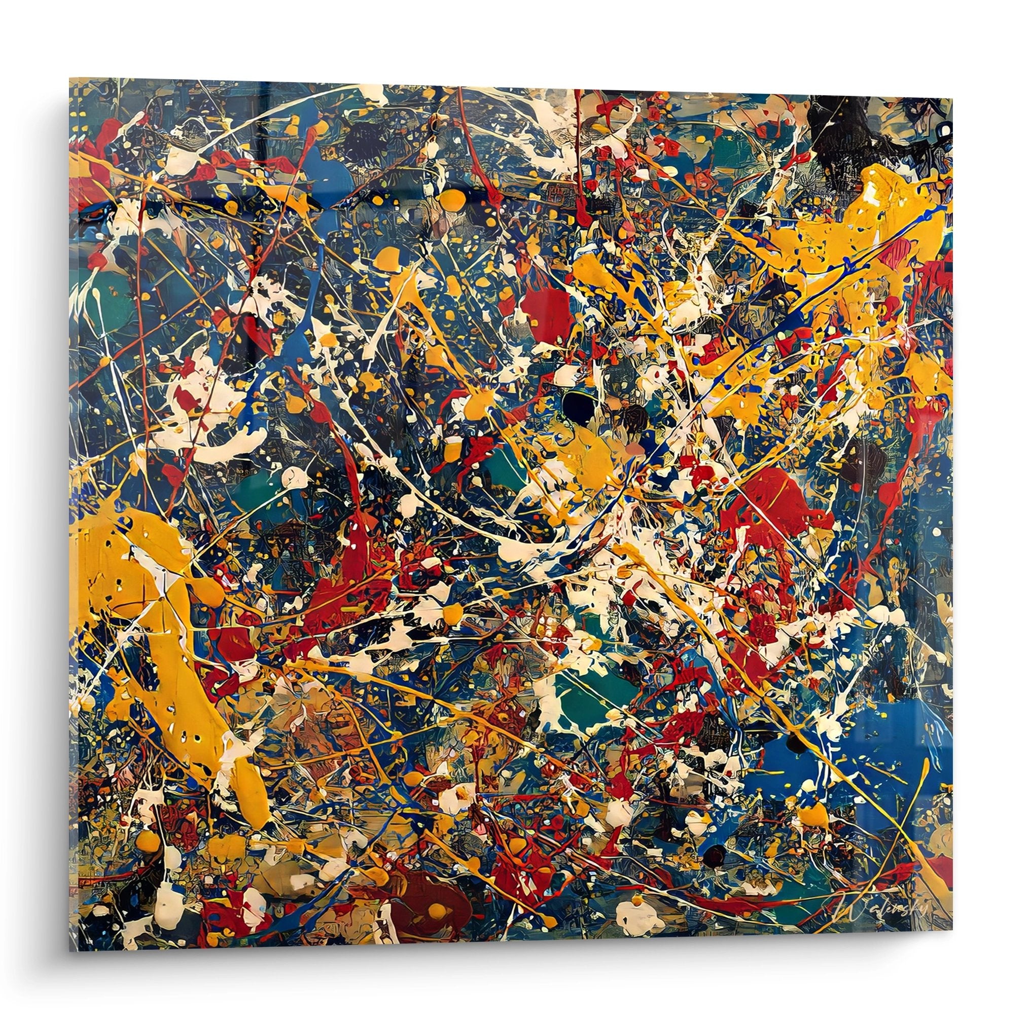 Tableau mural abstrait explosion couleurs orange bleu rouge éclaboussures peinture moderne décoratif