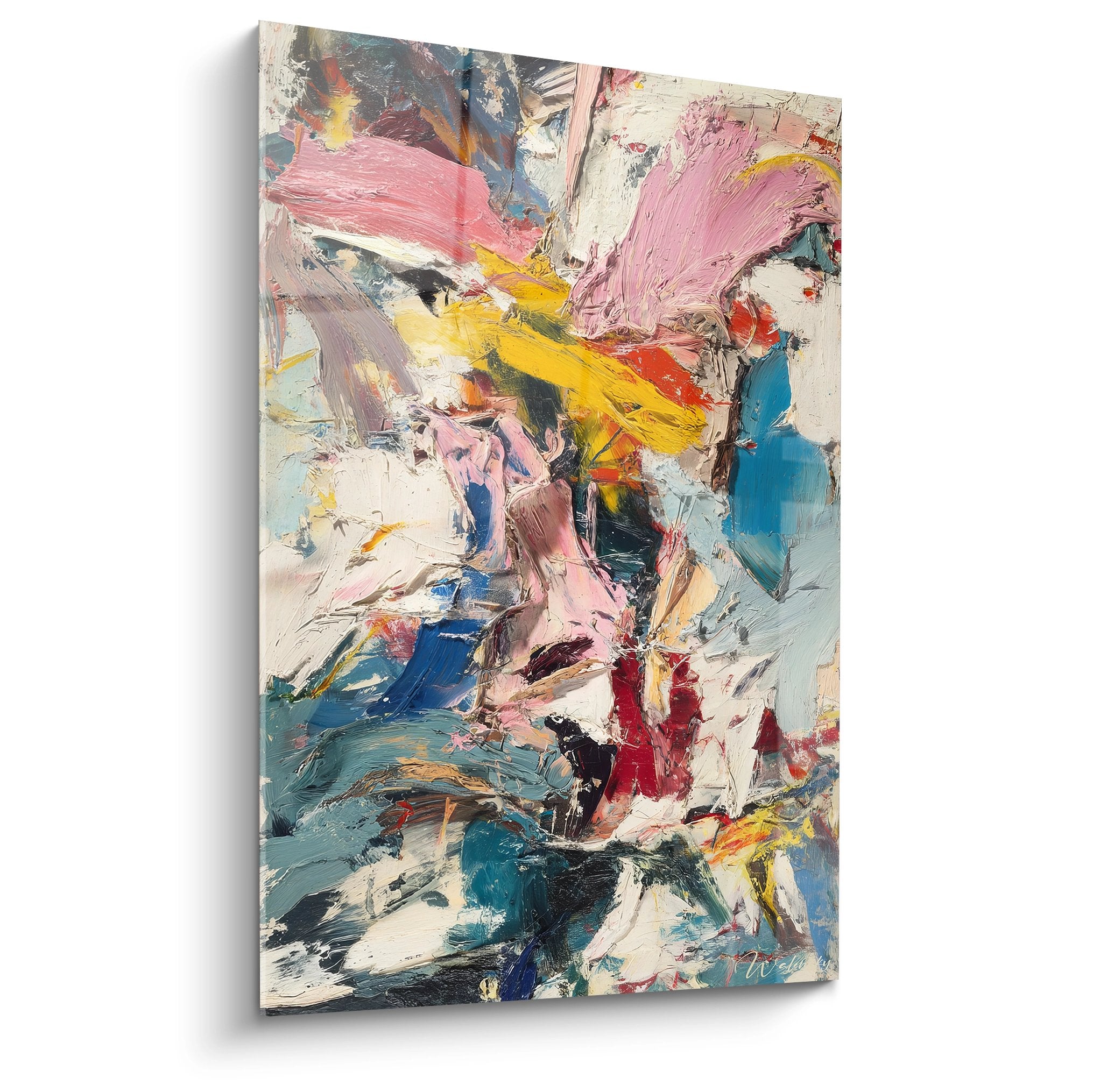 Tableau abstrait explosion couleurs vives roses jaunes bleus peinture moderne décorative murale