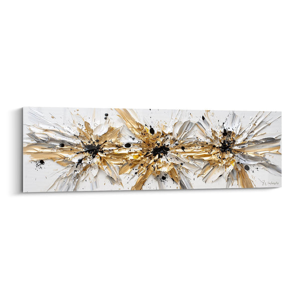 Cuadro explosión de formas doradas y plateadas sobre fondo blanco - Resplandor dinámico - Edición abstracto moderno