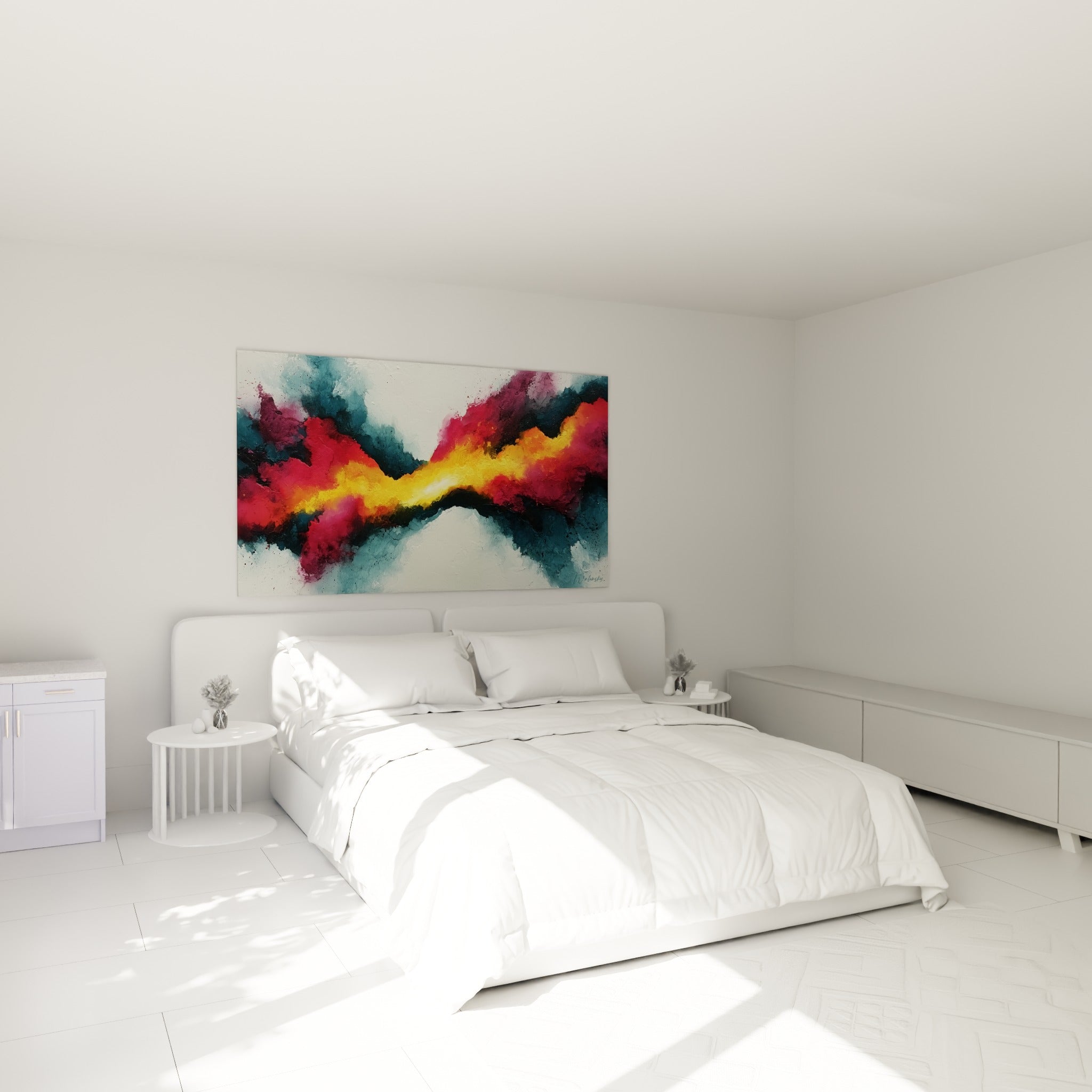 Explosion chromatique dorée et bleu marine, tableau accroché au-dessus d'un lit dans une chambre claire