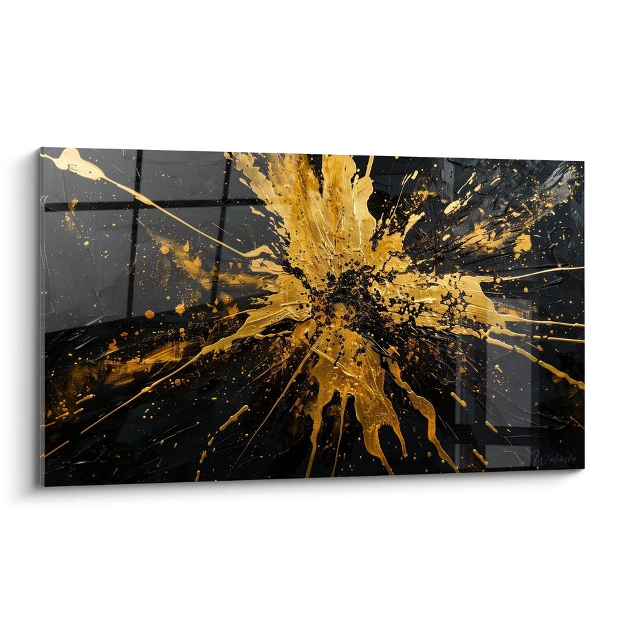 Tableau Explosion Dorée sur Fond Noir avec Éclaboussures Dynamiques - Énergie Pure - Edition Abstrait noir et or