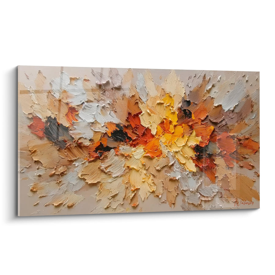 Tableau peinture abstraite explosion dorée orangée matière épaisse - Éclat Solaire - Edition Feng shui Centre Terre