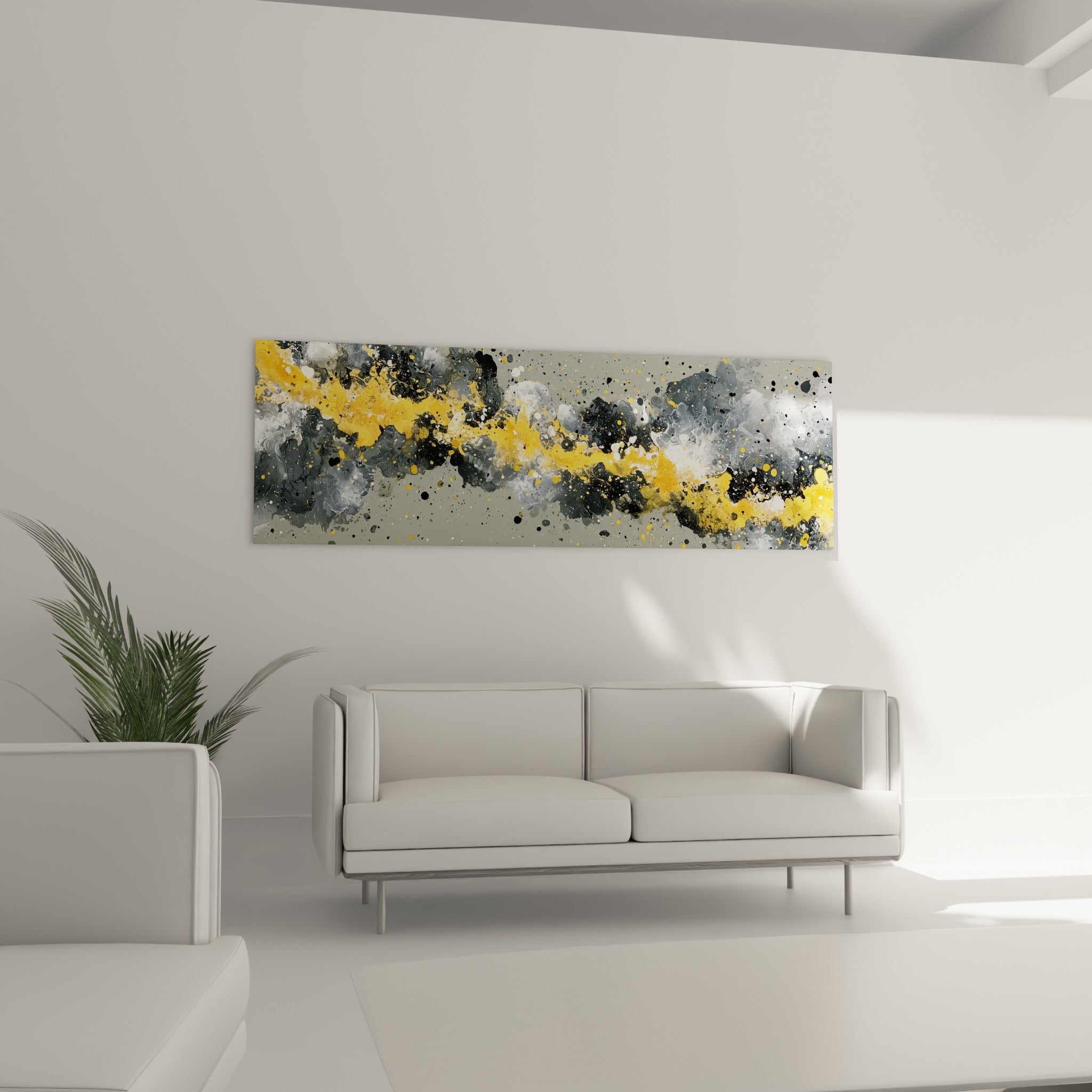 Explosion picturale dorée et anthracite aux projections noires, disposée au-dessus d'un canapé dans un salon lumineux