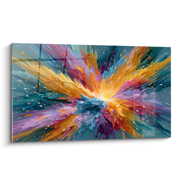 Tableau Éclaboussure orange et sarcelle en éclats radiaux - Cœur lumineux blanc - Edition style Peinture abstrait