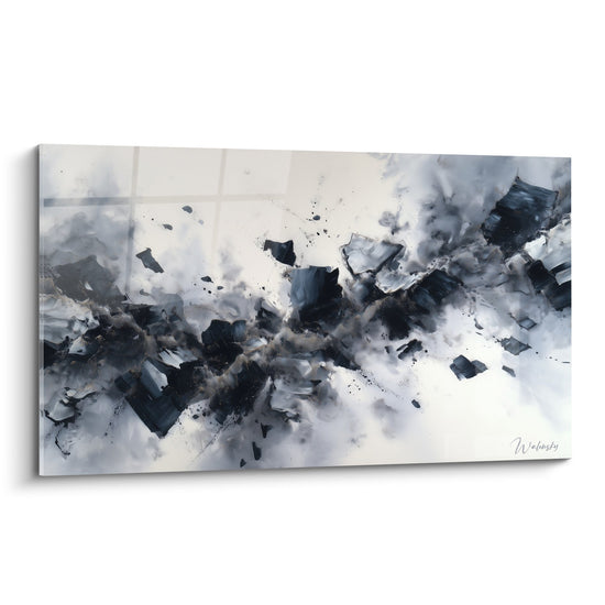 Tableau abstrait explosion fragments geometriques gris noirs fond blanc art contemporain feng shui ouest metal