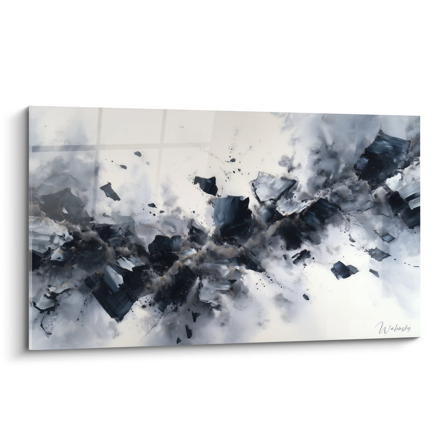 Tableau abstrait explosion de formes grises et noires sur fond blanc - Dynamisme Urbain - Edition Feng shui Ouest Métal