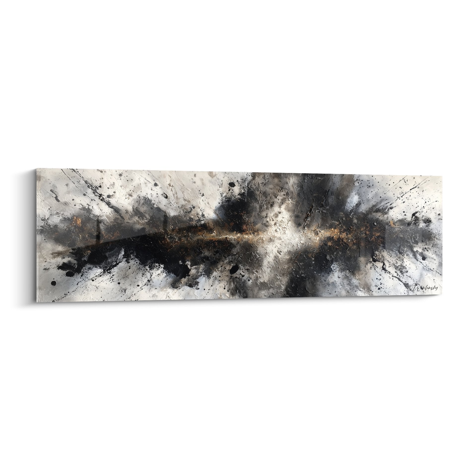 Tableau abstrait explosion gris blanc touches dorees style gestuel contemporain feng shui metal