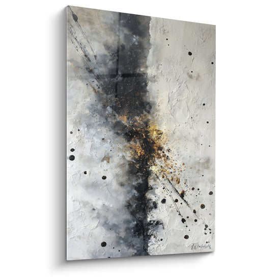 Tableau abstrait explosion gris or sur fond blanc texture granuleuse projections feng shui metal