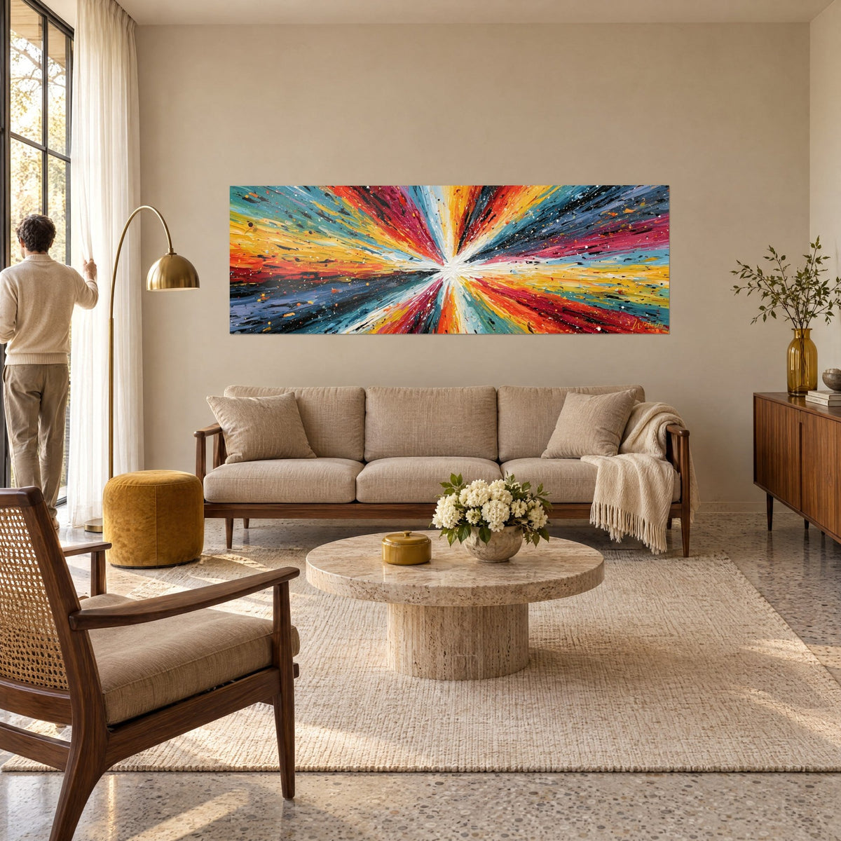 Wall art radiant paint explosion in red and petrol blue, saffron yellow, white centre, above a sofa in a bright living room