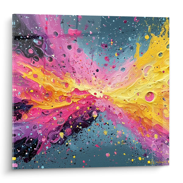 Tableau Explosion diagonale jaune et rose éclaboussée - Comète chromatique - Edition style Peinture abstrait
