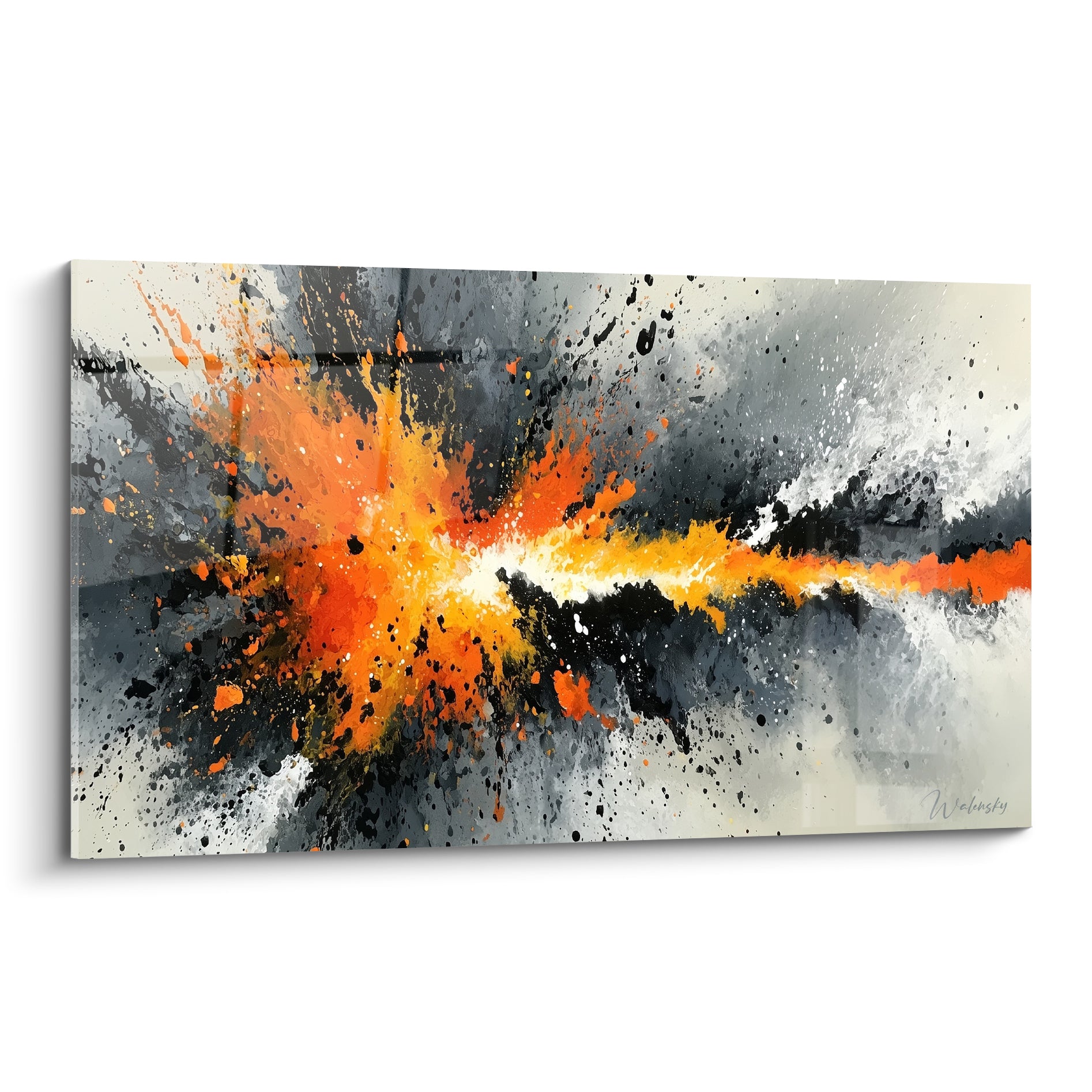 Explosion orange et anthracite sur toile abstraite, jaillissement lumineux central et éclaboussures noires