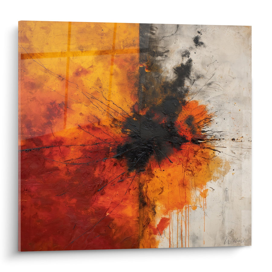 Tableau explosion de couleurs oranges et noires sur fond blanc - Énergie abstraite - Edition Feng shui Sud Feu