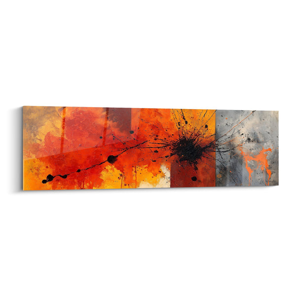 Cuadro explosión abstracta naranja rojo sobre fondo gris con salpicaduras negras - Energía Primordial - Edición Feng shui Sur Fuego