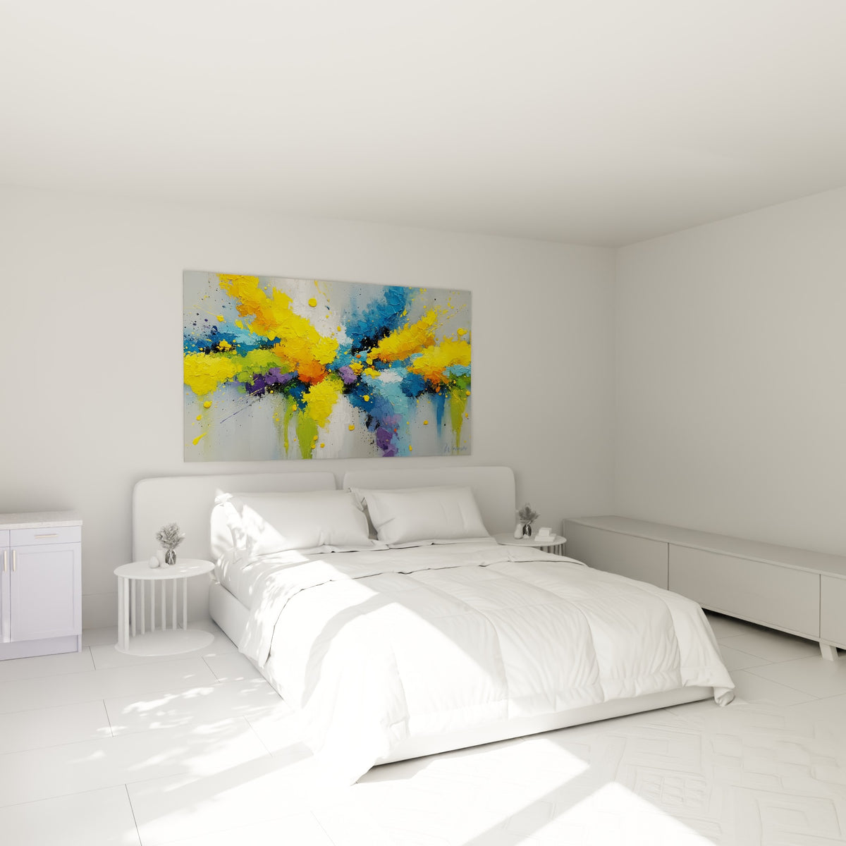 Explosion colorée jaune et bleu marine, tableau style Peinture abstrait au-dessus d'un lit dans une chambre claire