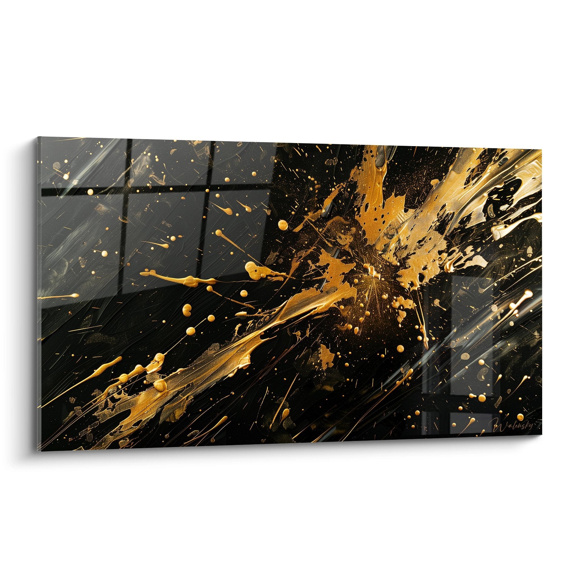 Tableau abstrait explosion peinture dorée sur fond noir, éclaboussures dynamiques art moderne