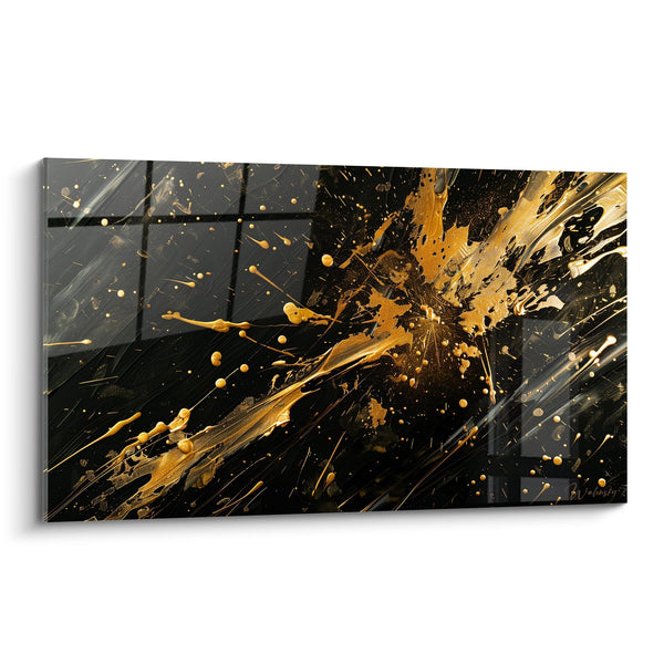 Explosie van dynamische gouden verf op een donkere achtergrond - Pure energie - Abstracte zwart en goud editie