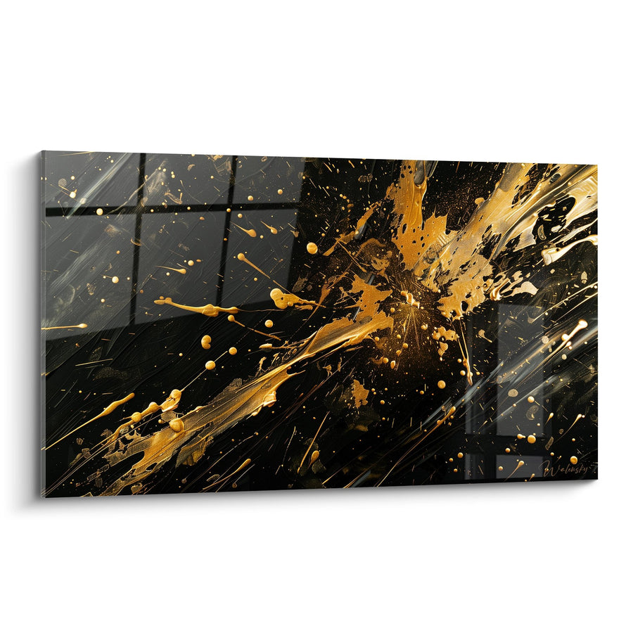 Tableau explosion dynamique de peinture dorée sur fond sombre - Énergie pure - Edition Abstrait noir et or