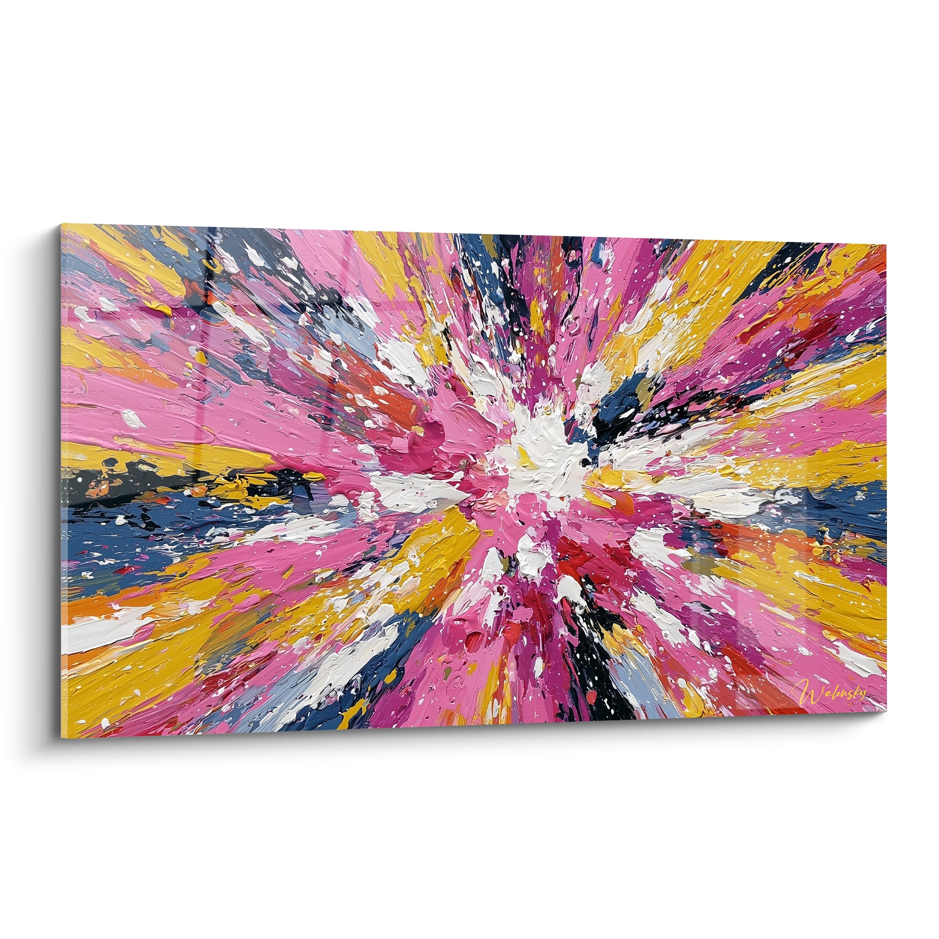 Explosion abstraite rose fuchsia et dorée avec éclats bleu marine sur toile panoramique