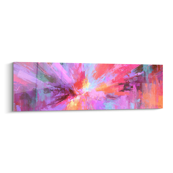 Tableau Explosion rose et violette au centre lumineux - Rayons convergents blancs - Edition style Peinture abstrait