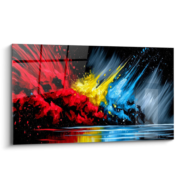 Tableau Éclaboussures rouge et bleu au centre doré - Reflets sur eau noire - Edition style Peinture abstrait