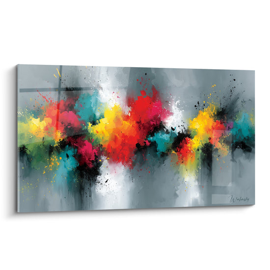 Explosion colorée rouge, jaune et turquoise sur fond gris anthracite en style peinture abstrait