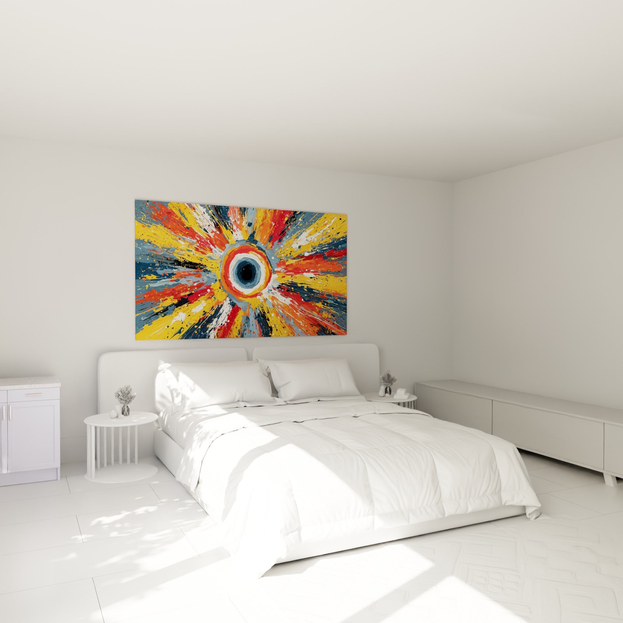 Explosion picturale rouge et jaune, cercle noir central, tableau style Peinture abstrait au-dessus d'un lit dans une chambre claire
