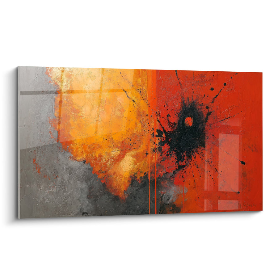 Tableau Explosion Abstraite Rouge et Orange sur Fond Gris - Flammes Modernes - Edition Feng shui Sud Feu