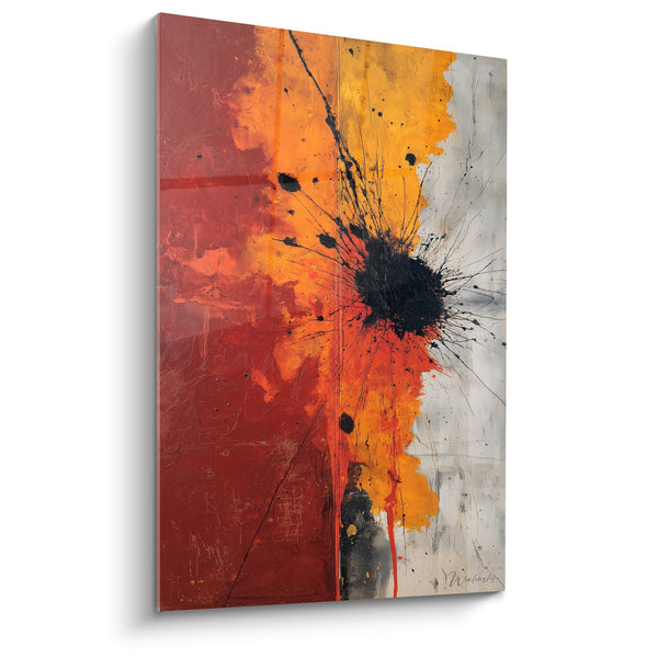 Abstracte explosie schilderij rood oranje en zwart op witte achtergrond - Pure Energie - Feng Shui Zuid Vuur Editie