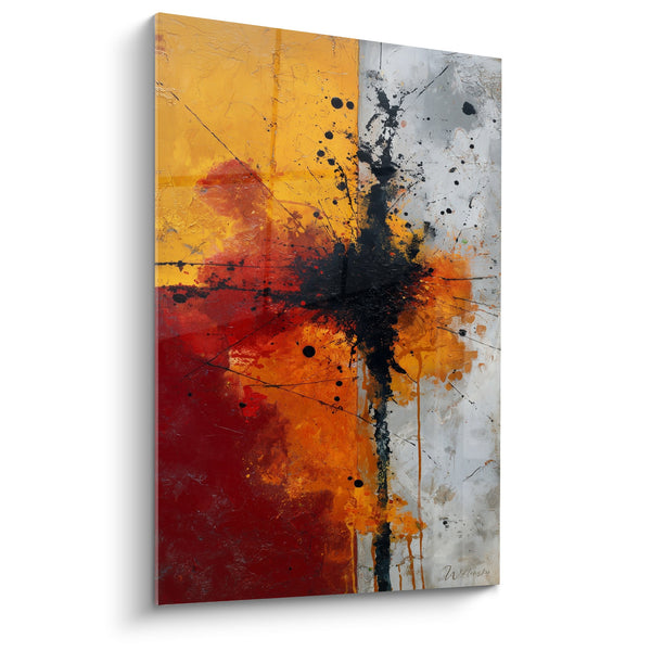 Abstract schilderij explosie van kleuren rood oranje en zwart op een witte achtergrond - Pure Energie - Feng Shui Zuid Vuur Editie