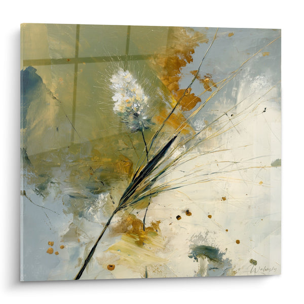 Explosie van groen abstract schilderij in beige en oker tinten - Adem van de Wildernis - Graslanden Editie
