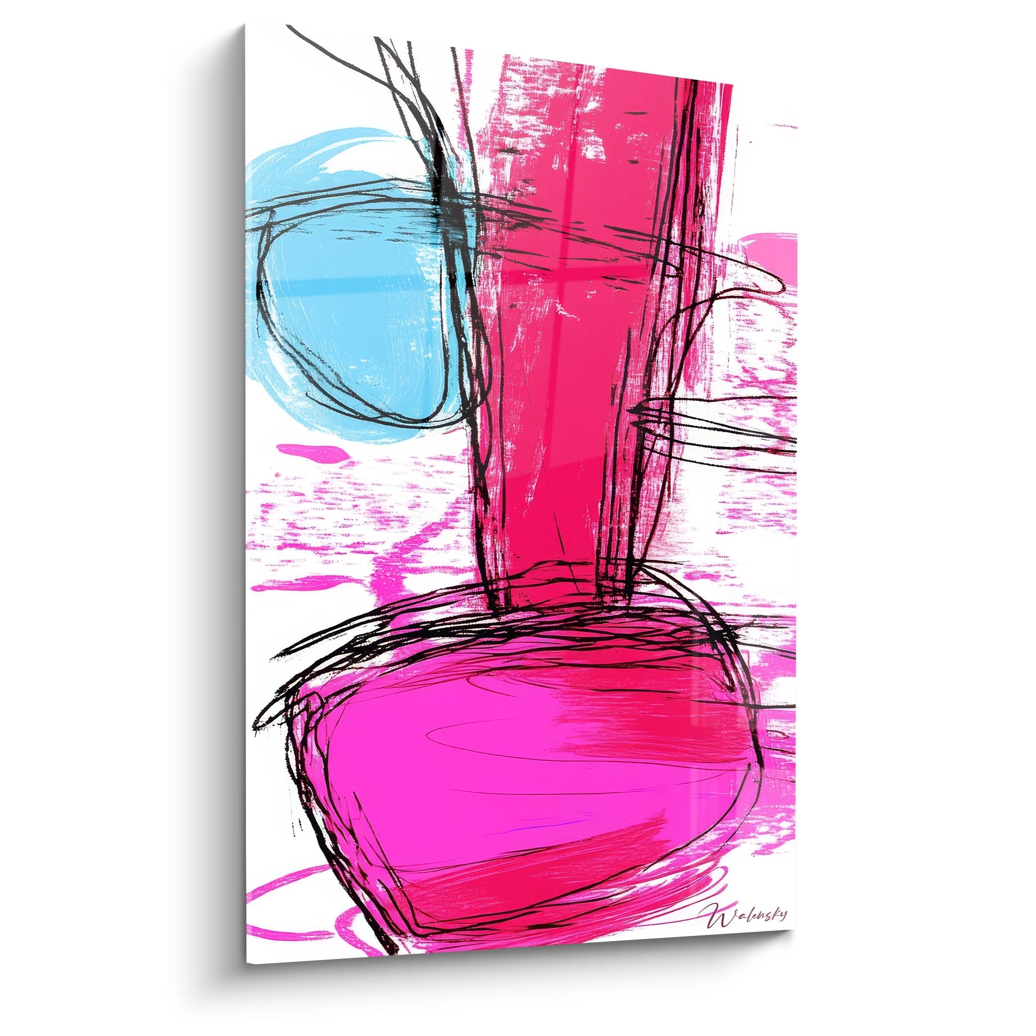 Tableau abstrait expressif rose et bleu avec traits noirs gestuels pour décoration murale moderne