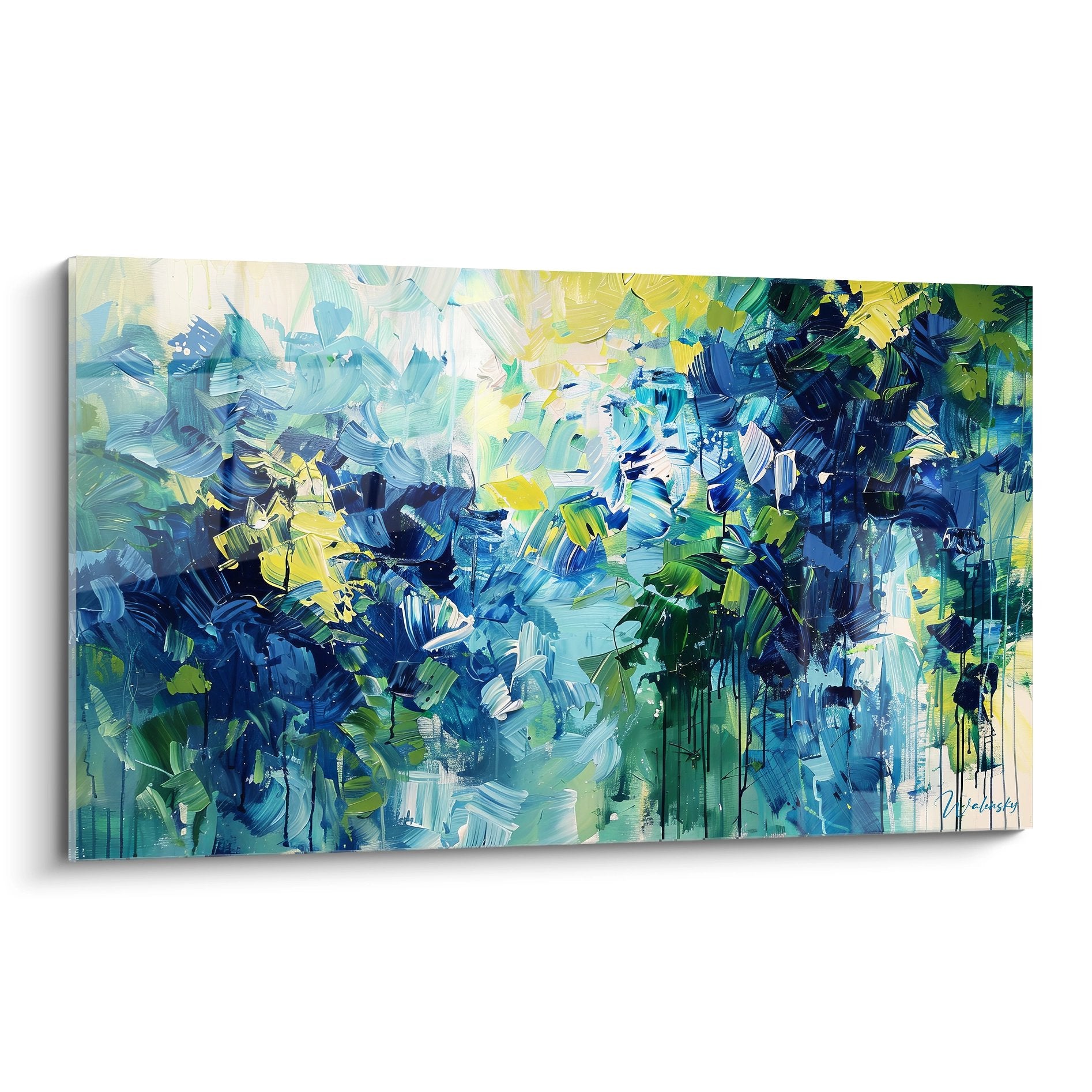 Tableau abstrait expressionniste bleu océanique avec empâtements texturés et gestuelle dynamique moderne