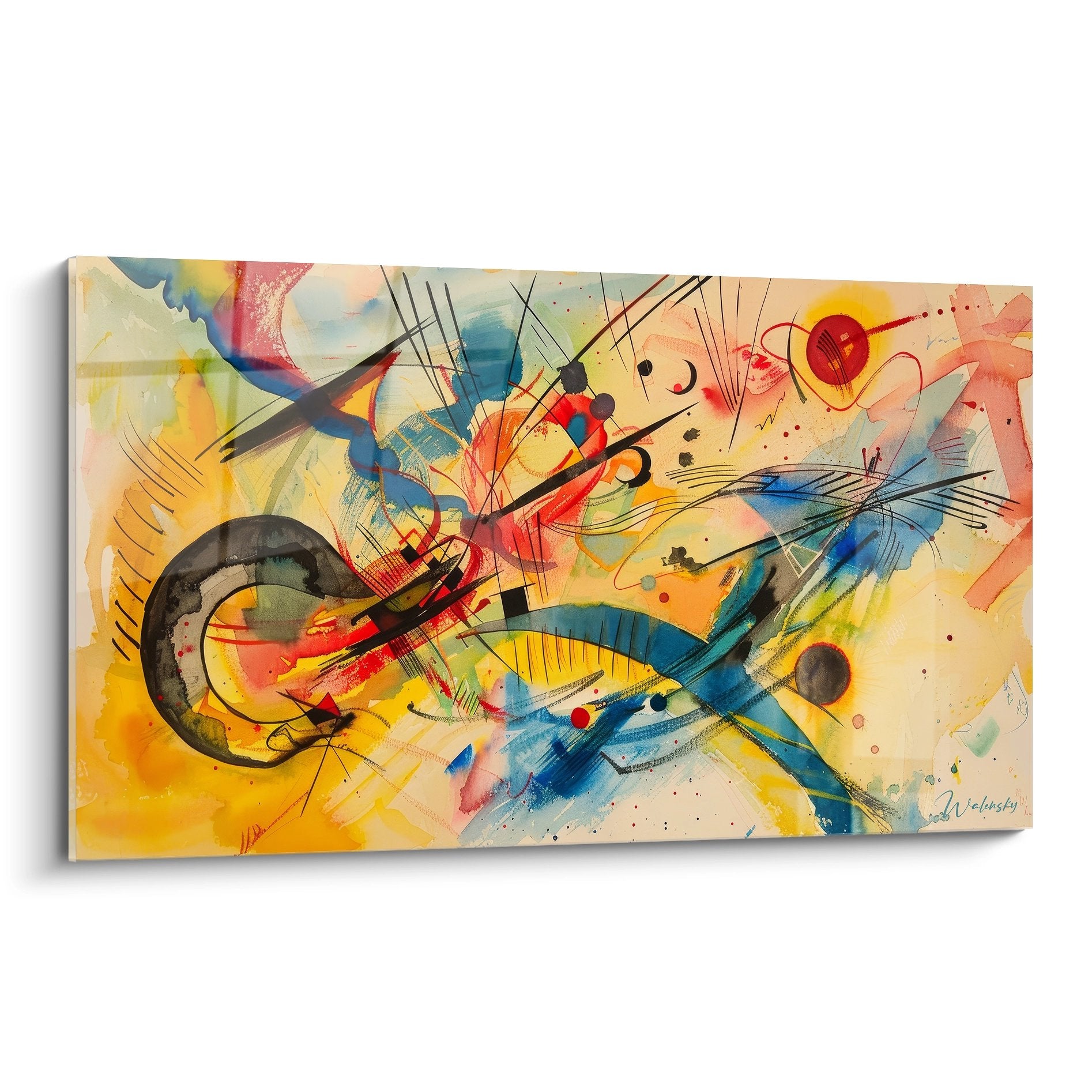 Tableau mural abstrait expressionniste aux couleurs vibrantes jaune bleu rouge formes géométriques dynamiques