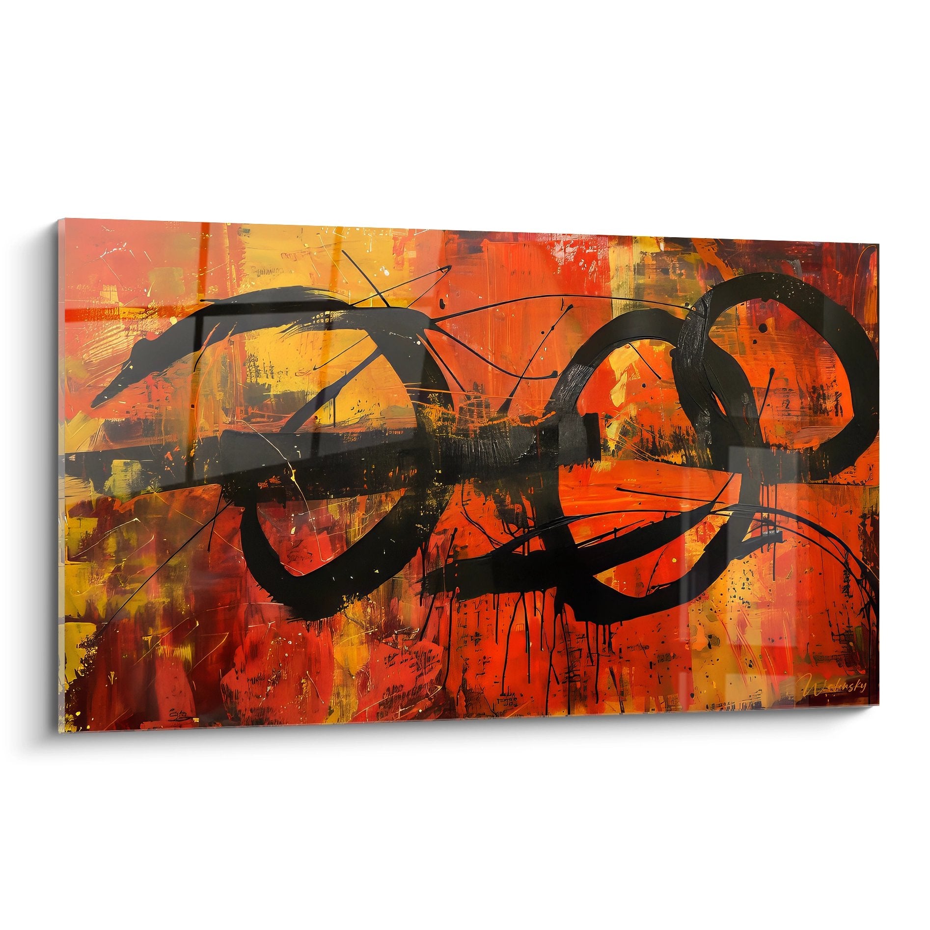 Tableau abstrait expressionniste formes noires serpentines fond orange rouge art mural moderne