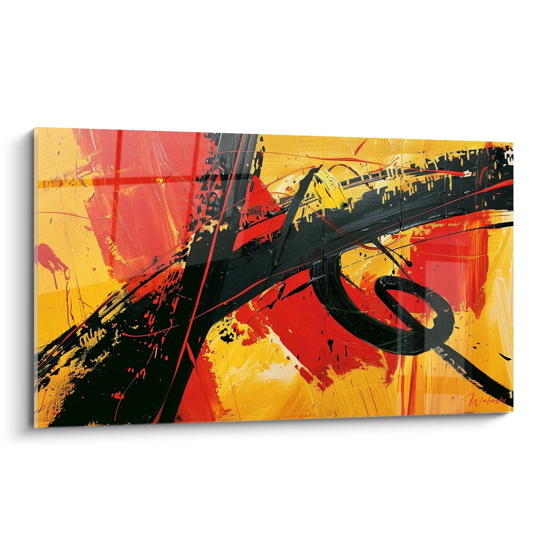 Tableau mural abstrait expressionniste aux couleurs jaune rouge et noir, art moderne contemporain