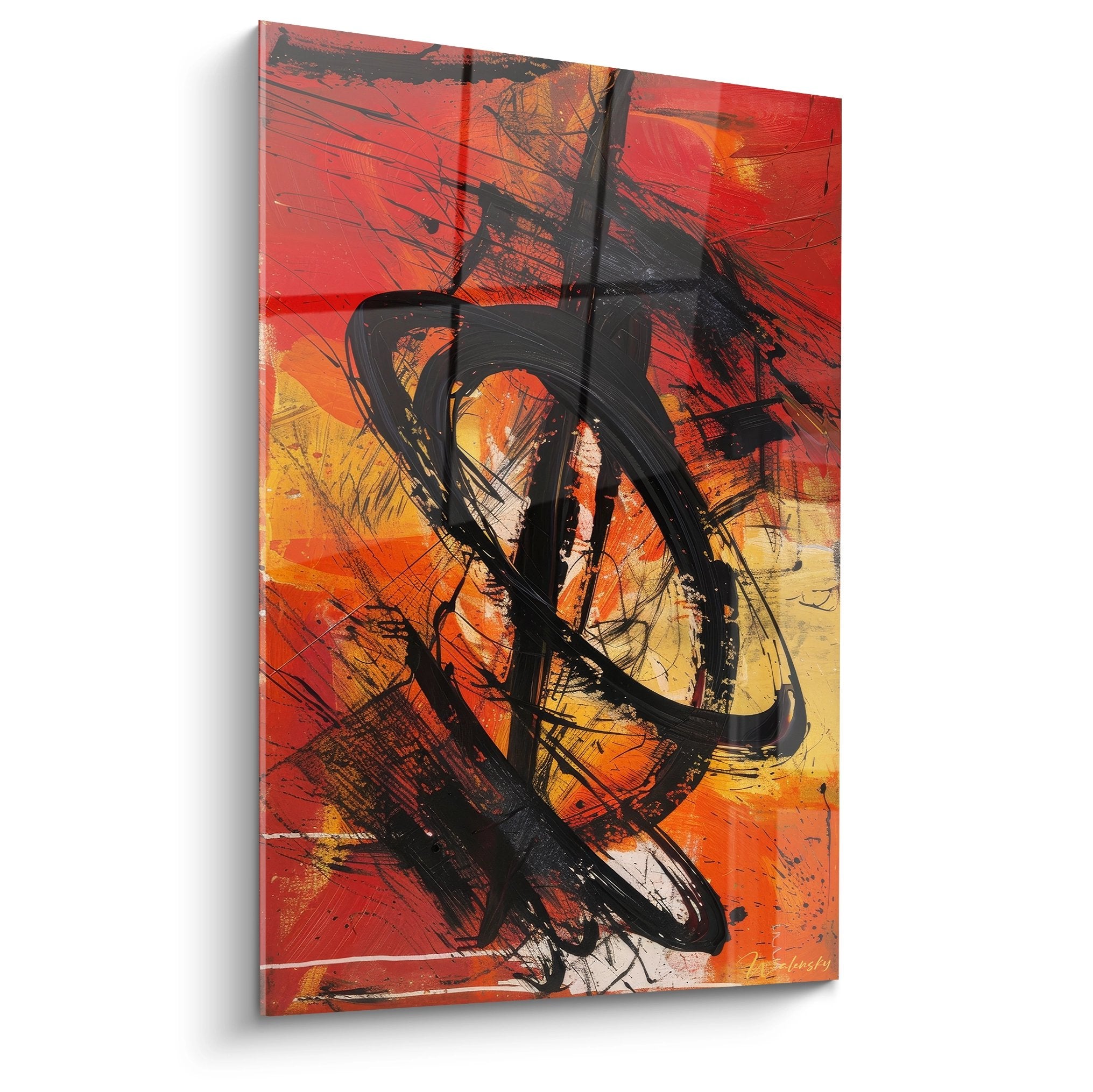 Tableau abstrait expressionniste rouge et noir avec formes dynamiques et gestuelles énergiques