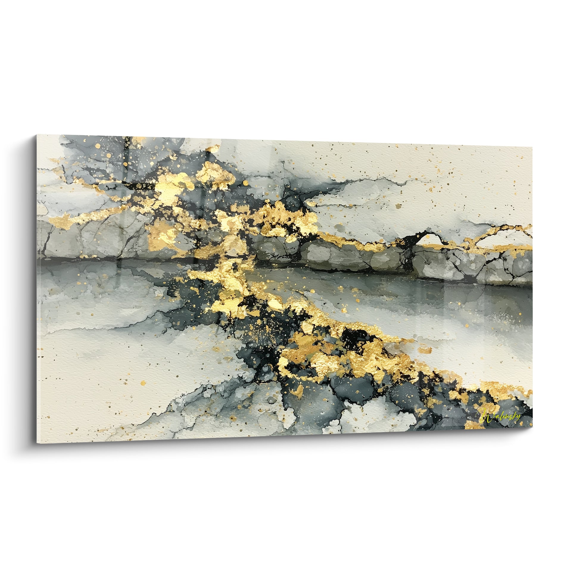Faille dorée sur fond anthracite et ivoire, coulures organiques style Peinture abstrait