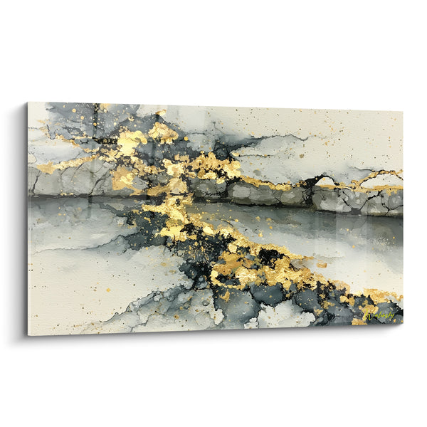 Tableau Faille dorée aux marbrures anthracite et ivoire - Éclat minéral - Edition style Peinture abstrait