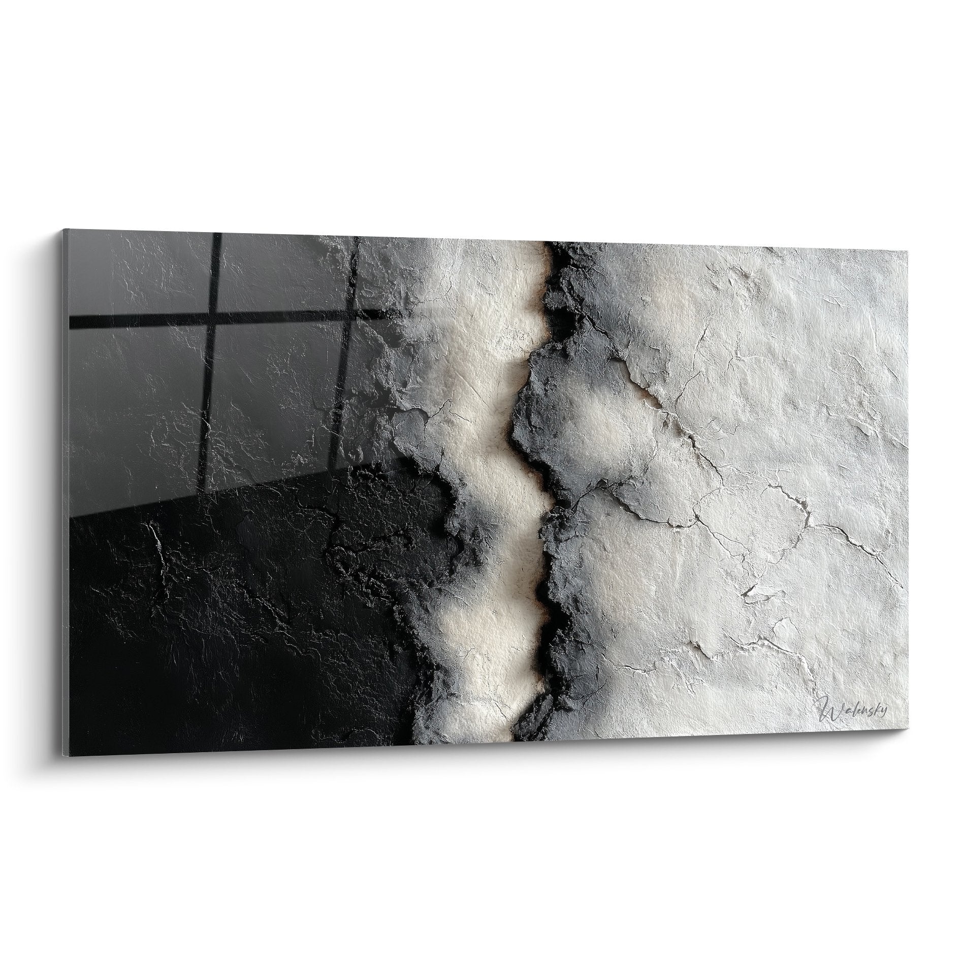 Tableau abstrait faille géologique noir blanc textures rugueuses feng shui métal déco moderne