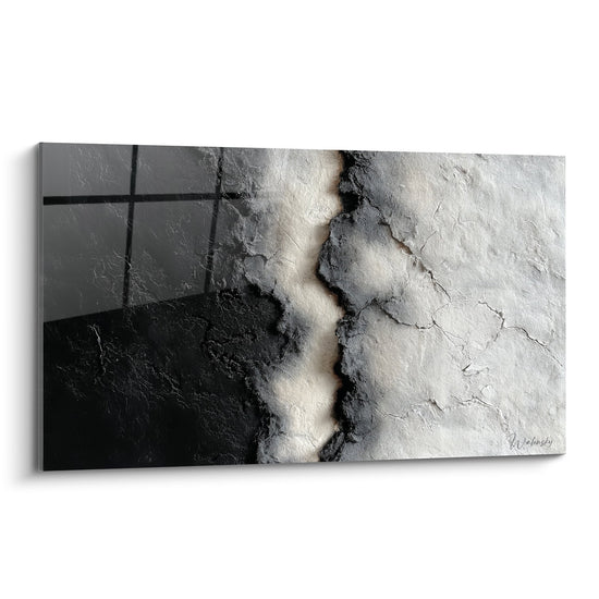 Tableau abstrait faille géologique noir blanc textures rugueuses feng shui métal déco moderne