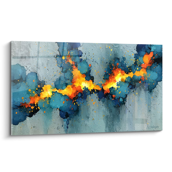 Tableau Faille lumineuse bleu et orange horizontale - Coulures d'encre grises - Edition style Peinture abstrait