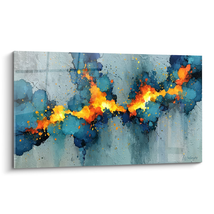 Tableau Faille lumineuse bleu et orange horizontale - Coulures d'encre grises - Edition style Peinture abstrait