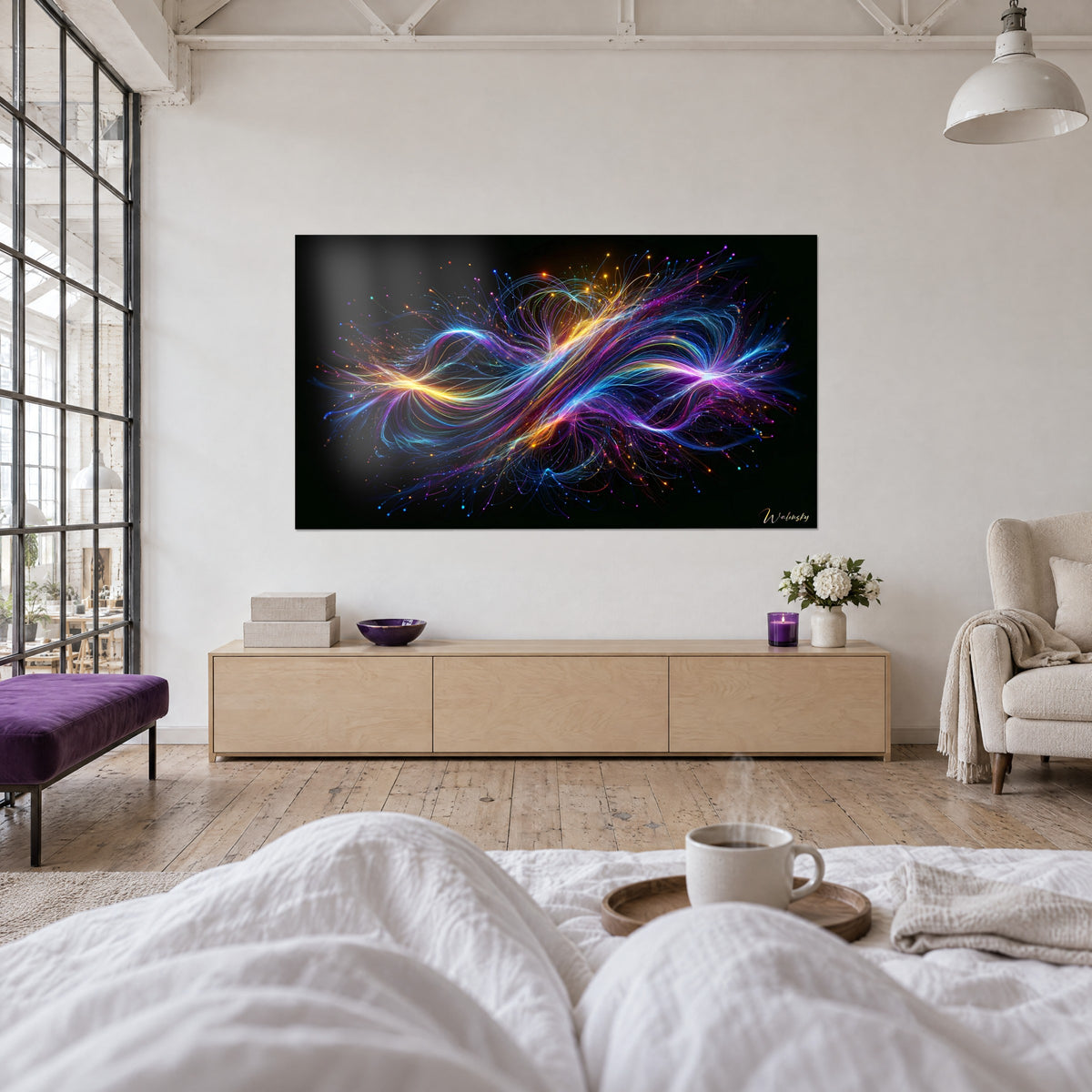 Cuadro de una nebulosa de cintas de luz en violeta profundo y oro, frente a dos personas de espaldas, encima de una cama en un dormitorio luminoso