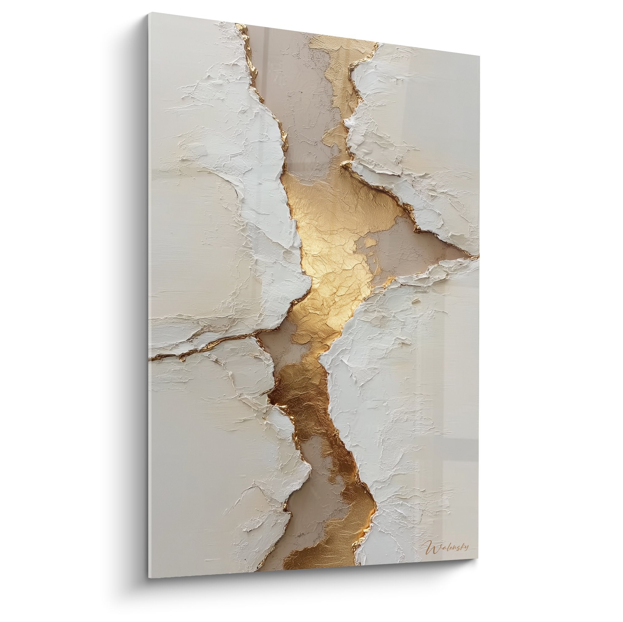Modern abstract painting with golden cracks on textured beige background, contemporary kintsugi style