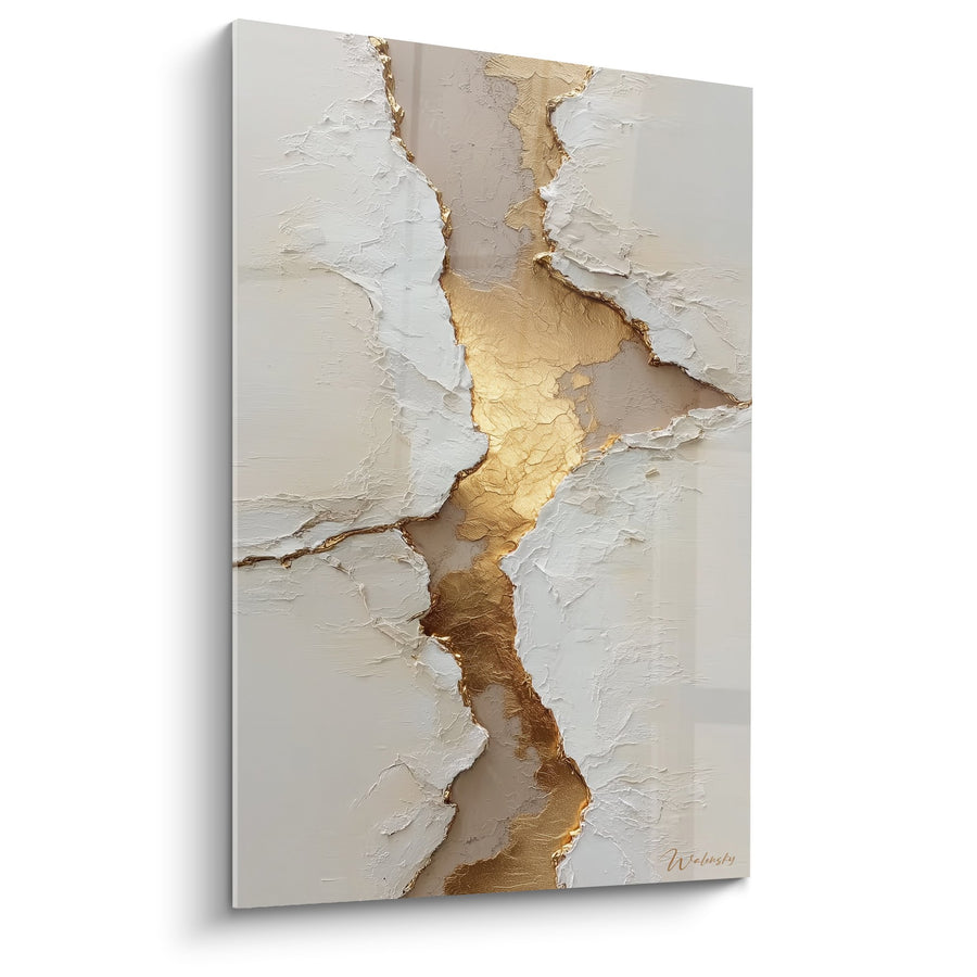 Tableau abstrait fissures dorées sur fond beige clair - Kintsugi moderne - Edition Feng shui Centre Terre