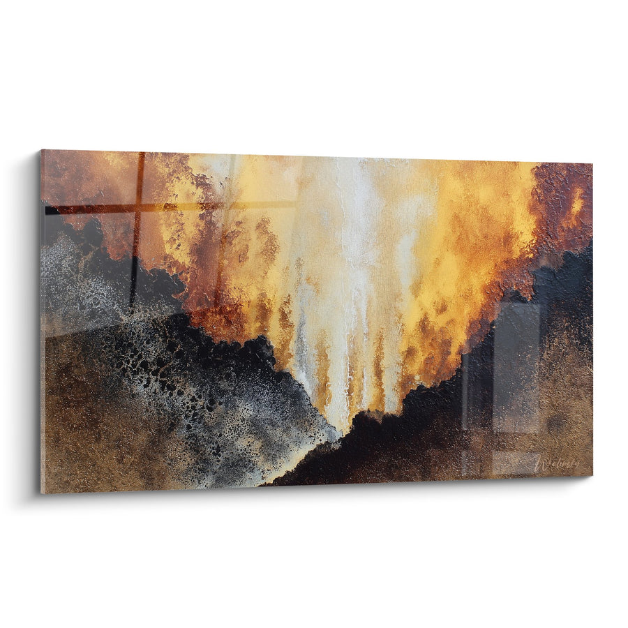 Tableau abstrait aux flammes dorées et roches sombres - Fusion élémentaire - Edition Feng shui Centre Terre