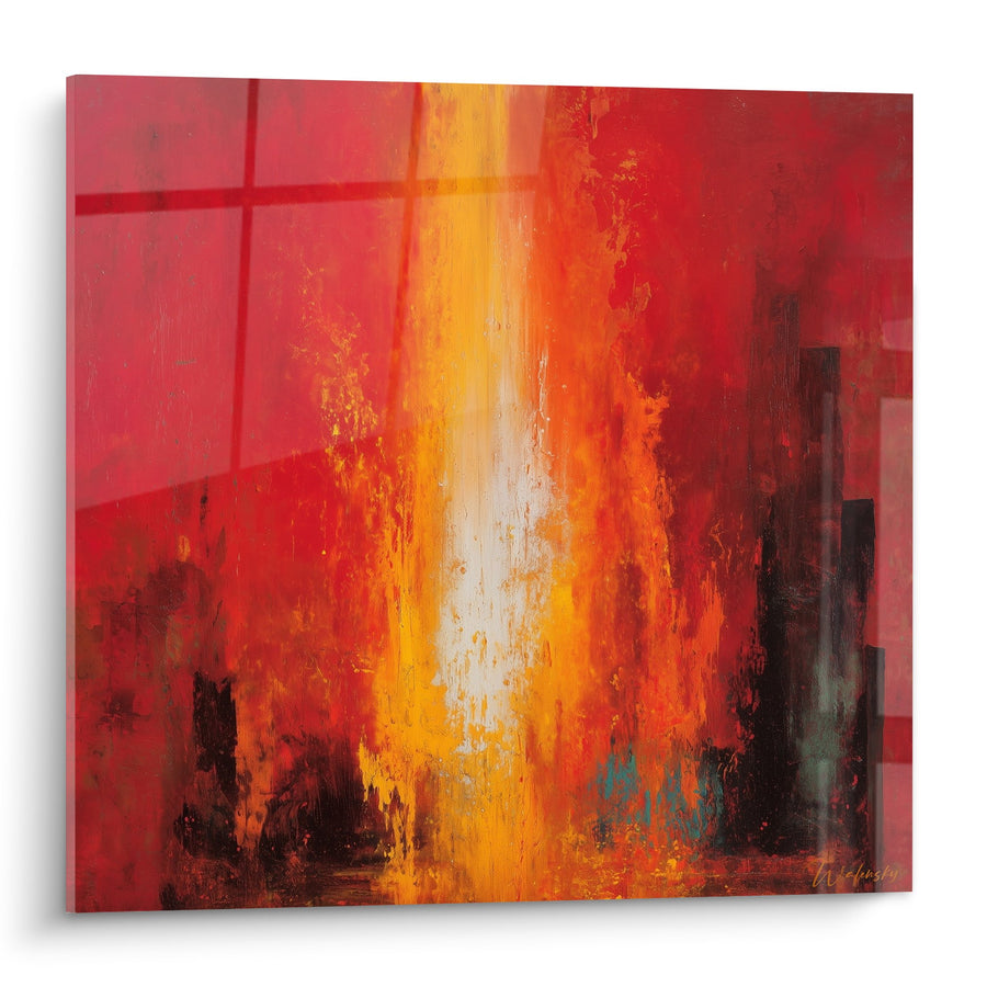 Tableau abstrait flammes oranges et rouges sur fond géométrique - Énergie du feu - Edition Feng shui Sud Feu